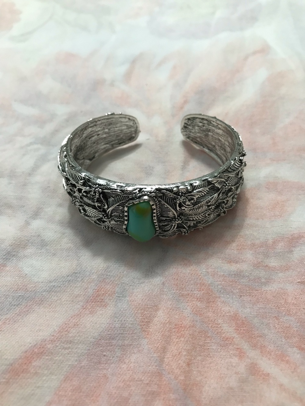 Silver Tone Floral Etched Design Faux Turquoise Stone Cuff Bracelet